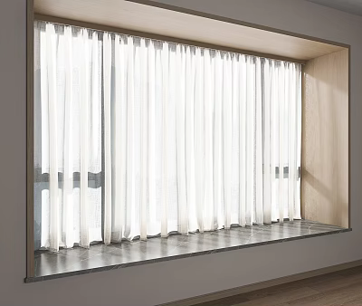 White Curtains Interior Design for Floor to Ceiling Window with Wooden Frame and Gray Floor 3d model