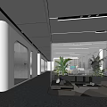 Modern Office Corridor With White Walls Glass Doors Gray Carpet Lounge Area And Green Plants