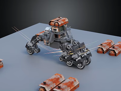 Sci Fi Mechanical Device With Multi Wheels Arm And Orange Rusty Modules 3d model