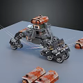 Sci Fi Mechanical Device With Multi Wheels Arm And Orange Rusty Modules 3d model