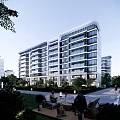 Modern High-Rise Residential Building With Green Landscape And Outdoor Seating Area