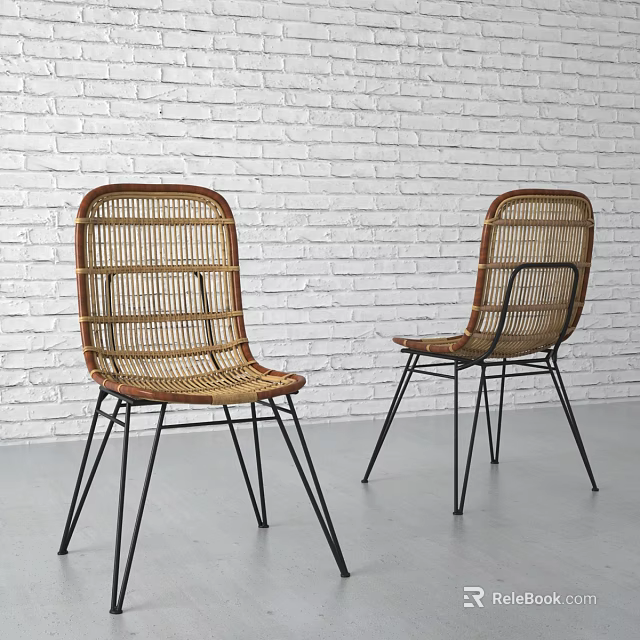 Modern Rattan Leisure Chairs With Black Metal Legs Against White Brick Wall 3d model 
