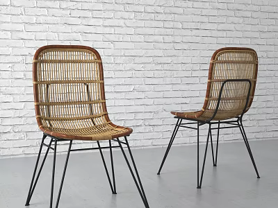 Modern Rattan Leisure Chairs With Black Metal Legs Against White Brick Wall 3d model