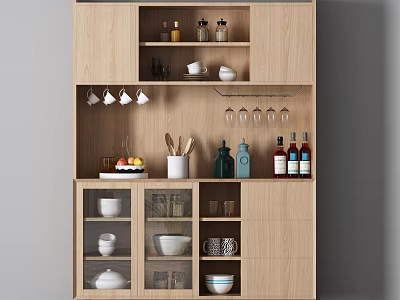 Modern Wooden Sideboard With Open Shelves Glass Doors And Kitchenware Storage 3d model