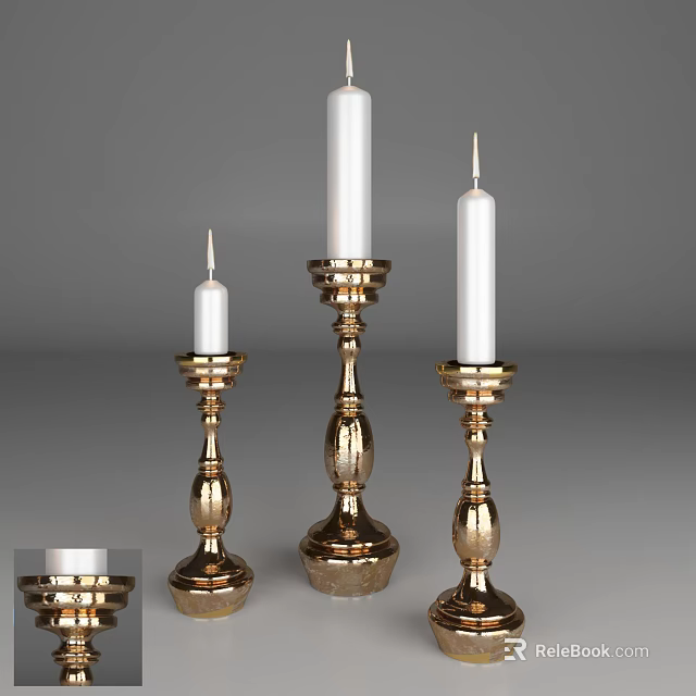 Elegant Golden Candle Holders with White Candles and Ornate Bases for Home Decor 3d model 