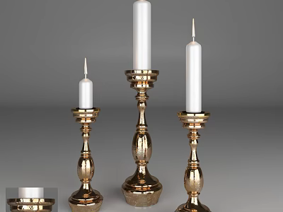 Elegant Golden Candle Holders with White Candles and Ornate Bases for Home Decor 3d model
