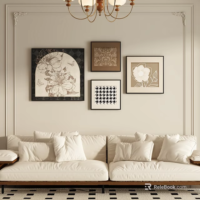 Framed Abstract Paintings Wall Decor in Living Room with Beige Sofa and White Pillows 3d model 