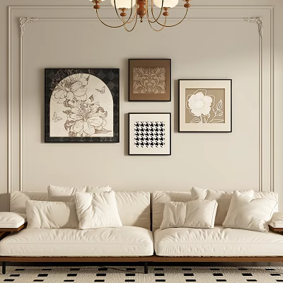 Framed Abstract Paintings Wall Decor in Living Room with Beige Sofa and White Pillows 3d model