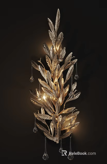 Elegant Leaf Shaped Metallic Wall Lamp With Crystal Pendants And Warm Lighting 3d model