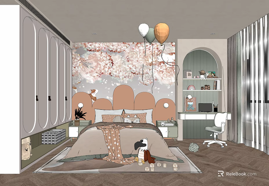 Cozy Kids Room Interior With Cherry Blossom Wallpaper Bed Study Desk Chair Stuffed Toys Balloons 3d model 