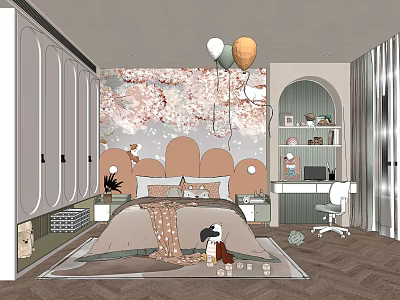 Cozy Kids Room Interior With Cherry Blossom Wallpaper Bed Study Desk Chair Stuffed Toys Balloons 3d model
