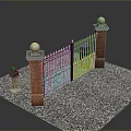 Iron Gate Entrance With Brick Pillars Stone Balls And Gravel Ground
