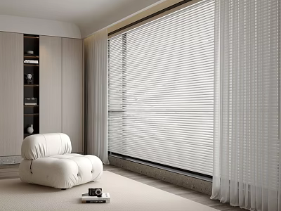 Light Colored Modern Living Room Featuring White Sheer Curtains And Vertical Blinds 3d model
