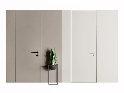Modern Minimalist Hinged Doors With Light Gray Finish And Green Plant Decor 3d model