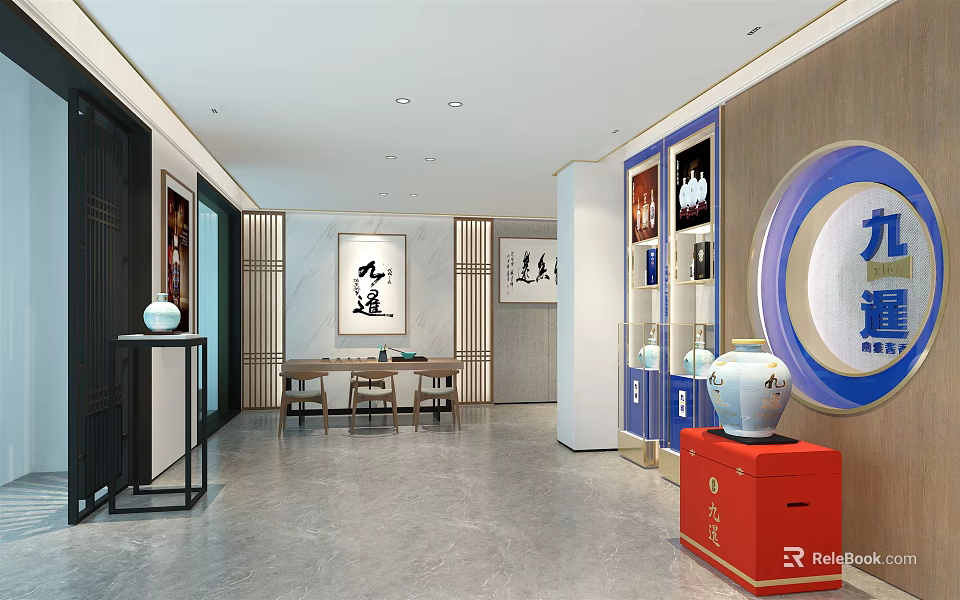 Chinese Style Tobacco Wine Shop Interior With Display Cabinets Calligraphy And Vases 3d model 