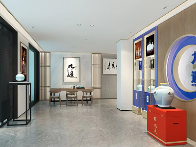 Chinese Style Tobacco Wine Shop Interior With Display Cabinets Calligraphy And Vases 3d model