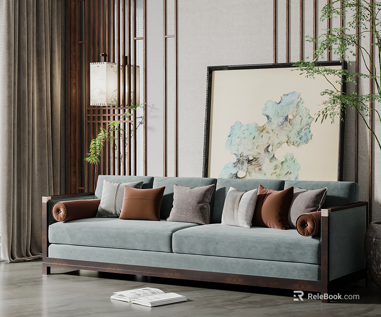 Light Blue Two Seater Sofa With Brown Gray Cushions Chinese Modern Large Artwork Green Plants 3d model 