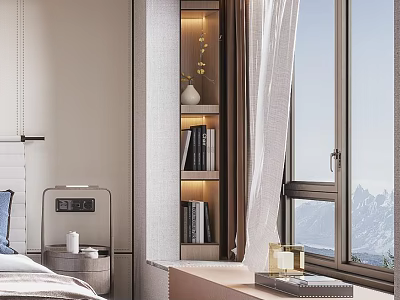 Modern Cozy Bedroom Interior Design With Large Window Mountain View And Wooden Bookshelf 3d model