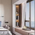 Modern Cozy Bedroom Interior Design With Large Window Mountain View And Wooden Bookshelf