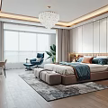 Elegant Modern Bedroom Interior With Chandelier Bed Blue Chair Rug And Wooden Floor