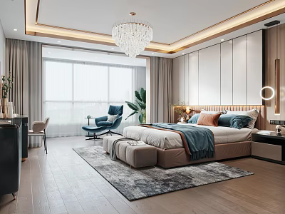Elegant Modern Bedroom Interior With Chandelier Bed Blue Chair Rug And Wooden Floor 3d model