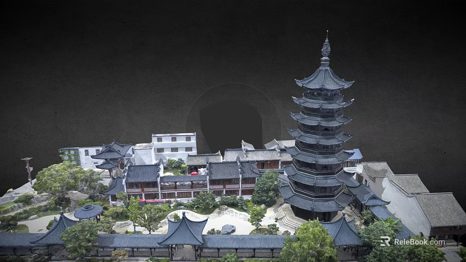 Traditional Chinese Ancient Architecture with Multi Tiered Tower Curved Roofs Surrounding Buildings and Green Trees 3d model 