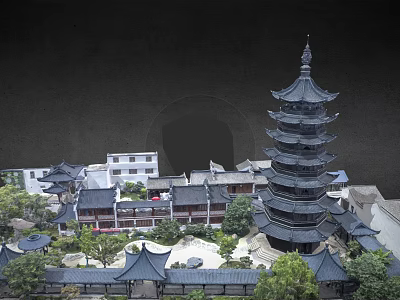 Traditional Chinese Ancient Architecture with Multi Tiered Tower Curved Roofs Surrounding Buildings and Green Trees 3d model