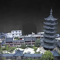 Traditional Chinese Ancient Architecture with Multi Tiered Tower Curved Roofs Surrounding Buildings and Green Trees