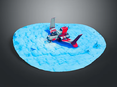 Red And White Airplane Model Parked On Blue Circular Snowy Surface With Small Protrusions 3d model