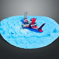 Red And White Airplane Model Parked On Blue Circular Snowy Surface With Small Protrusions 3d model