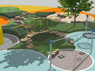Fun Children's Play Area With Swings Wooden Logs Trees Green Grass And Climbing Nets 3d model