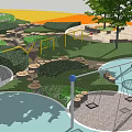Fun Children's Play Area With Swings Wooden Logs Trees Green Grass And Climbing Nets