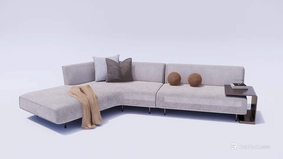 Light Gray Sectional Sofa With Throw Pillows Beige Blanket And Brown Spherical Decor 3d model