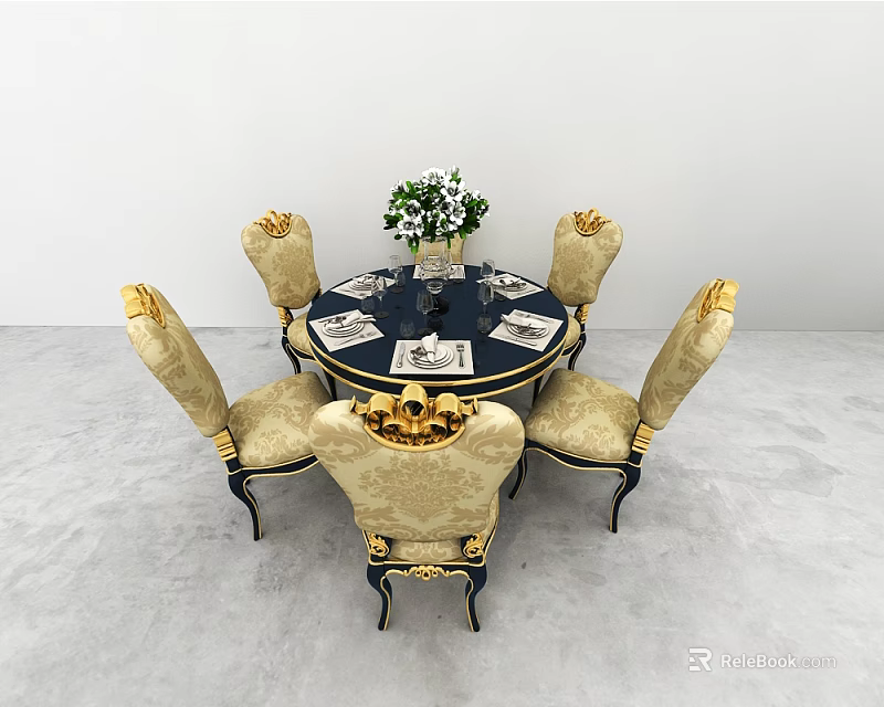 Elegant Round Dining Table Set with Six Gold Accent Chairs and Floral Centerpiece 3d model 