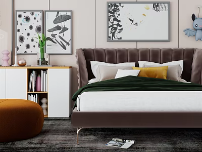 Modern Double Bed With Tufted Headboard Green Blanket White Cabinet And Decorative Paintings 3d model