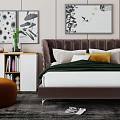 Modern Double Bed With Tufted Headboard Green Blanket White Cabinet And Decorative Paintings