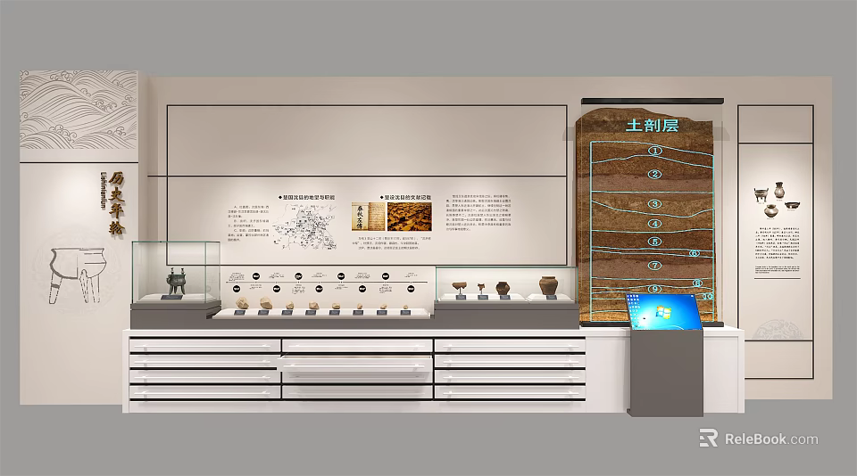 Exhibition Display Shelves With Glass Cases And Artifacts For Cultural Exhibits 3d model 