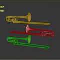Three Different Colored Trombones Copper Silver Gold on Black Background With Reflections
