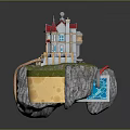 Whimsical Cartoon Scene With Water Faucet Small House Red Roof Rock Pool Rope And Grass