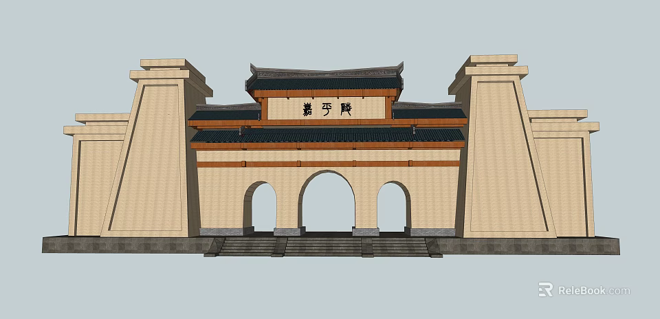 Traditional Chinese Architectural Gate With Arched Doorways And Classic Eaves Design 3d model 