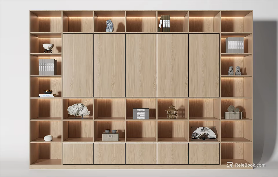 Modern Wooden Decorative Cabinet With Multiple Shelves And Decorative Items 3d model 