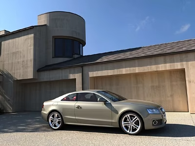 Luxury Beige Sedan Parked In Front Of Modern Concrete House With Garage 3d model