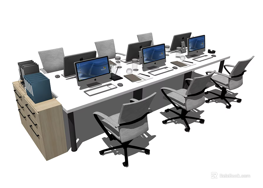 Modern Office Desk Setup with Multiple Computer Monitors Office Chairs And Filing Cabinet 3d model