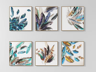 Colorful Feather Decorative Paintings Framed Wall Art For Modern Home Decor 3d model
