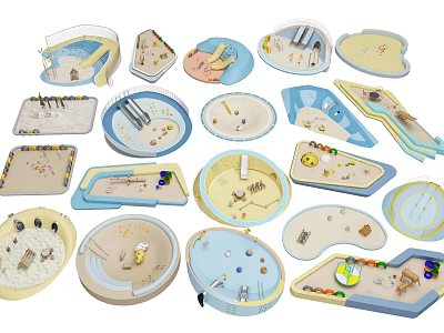 Varied Children's Playground Equipment With Round Oval Shapes Sandpit Areas And Pastel Colors 3d model