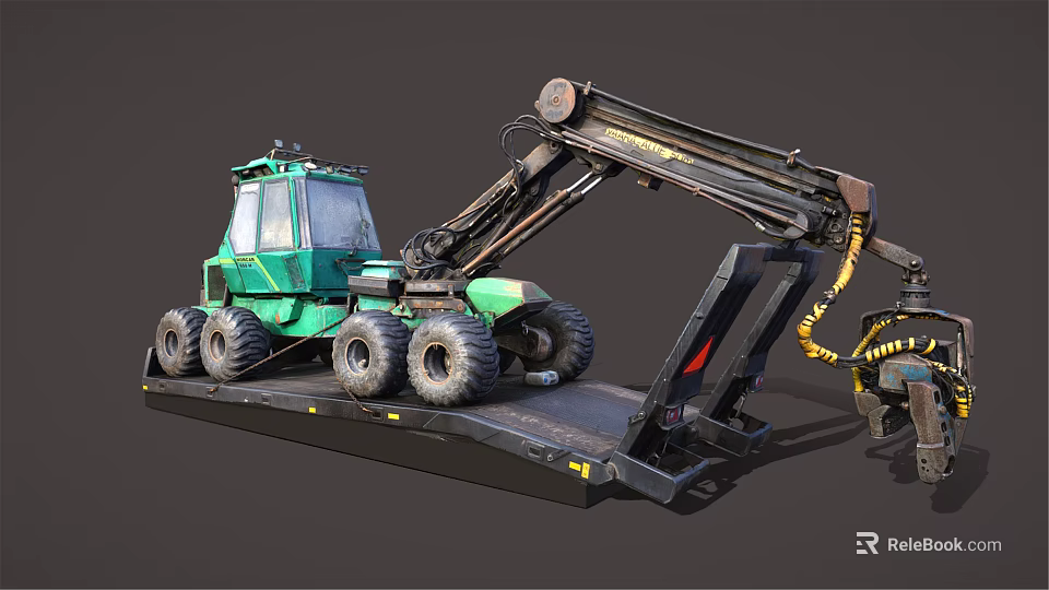 Green Forestry Machine With Long Arm Large Tires On Black Platform 3d model