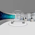 Modern Exhibition Hall Interior With Circular Display Counter Large Screen And Product Displays