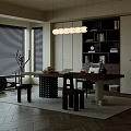 Study Room Interior With Wooden Table Bookshelf Books Decorations Chandelier Window Blinds And Wooden Floor