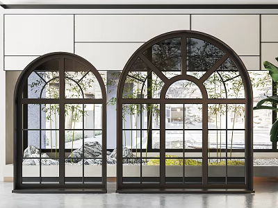 Arched Casement Windows In Modern Interior Space With Scenic View 3d model