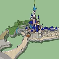 Ancient Architecture Castle With Blue Spires Towers Colorful Decorations And Green Lawns